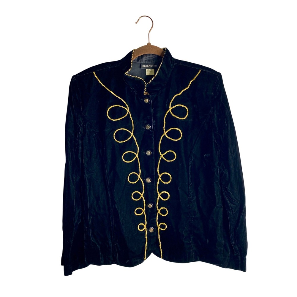 IN GROUP LTD VTG 80s 90s Black Velvet Military Soutache Jacket Gold Trim Gothic